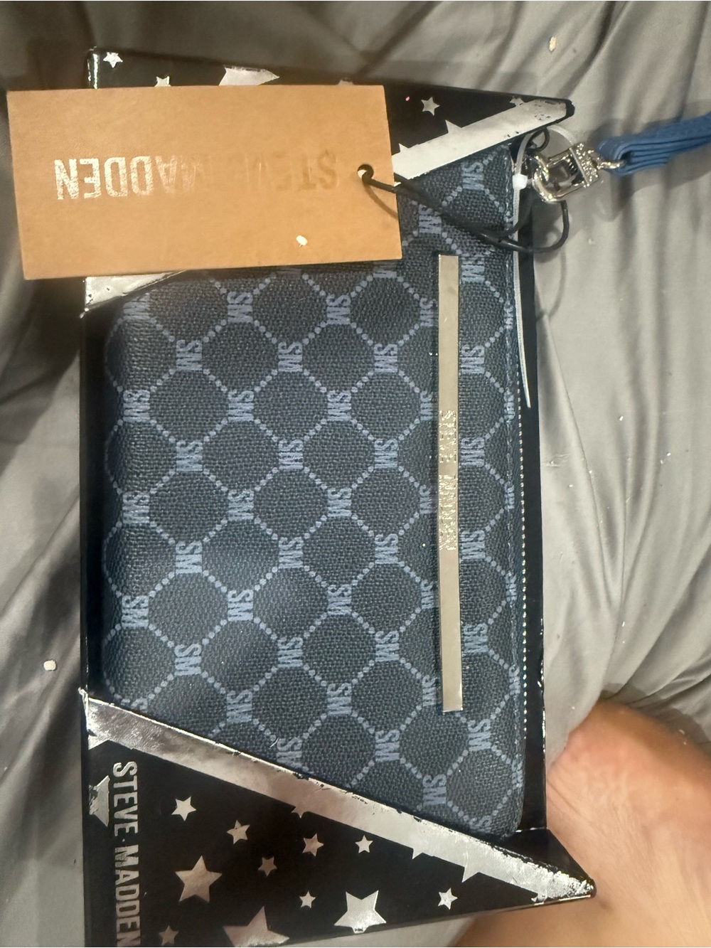 Steve Madden Navy Logo-Print Zip Wallet with Silver Accent